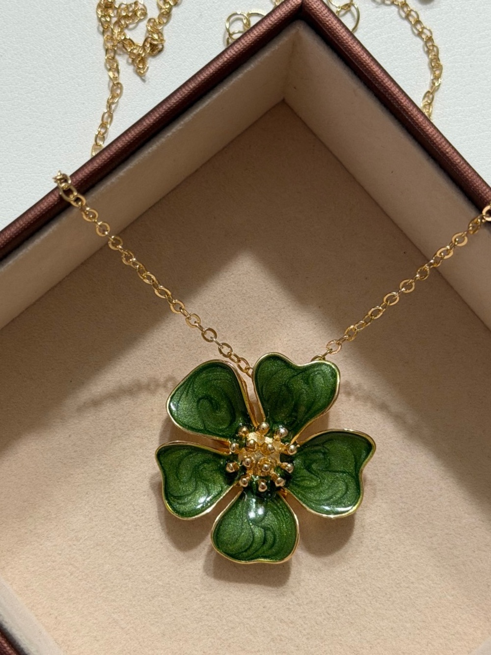 Golden Green 5-Petal Flower Enamel Statement Pendant Necklace.